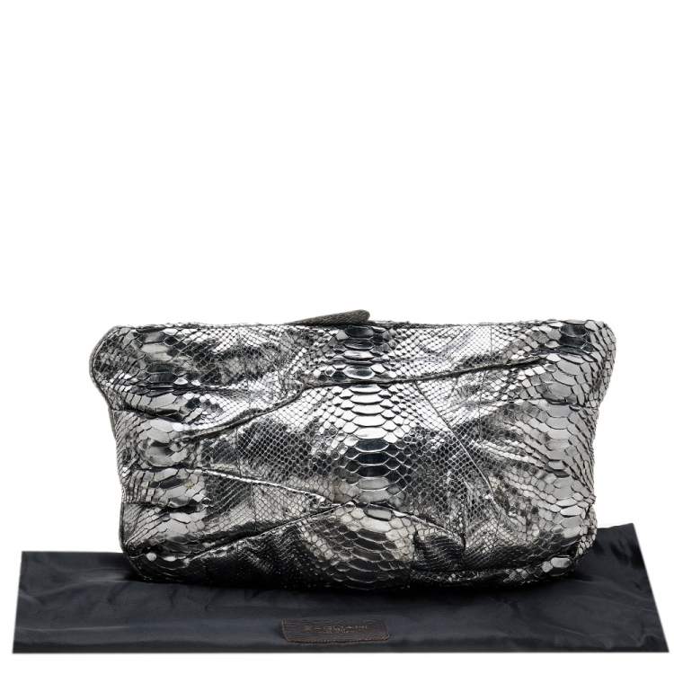 Pre Owned Zagliani Metallic Silver Python Leather Oversized Clutch