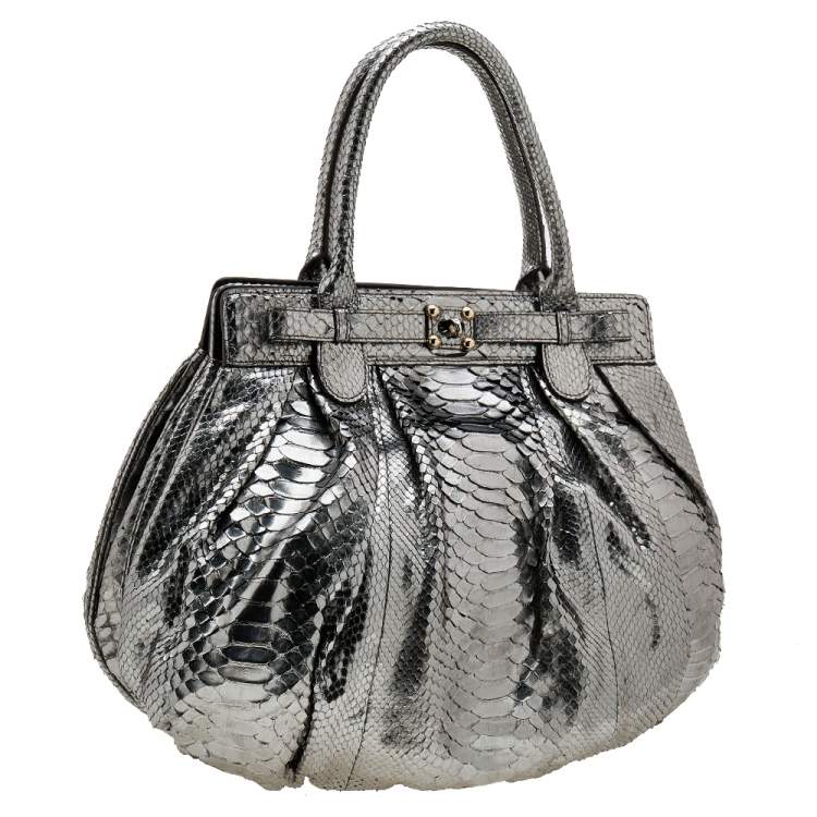 Pre Owned Zagliani Metallic Silver Python Puffy Hobo