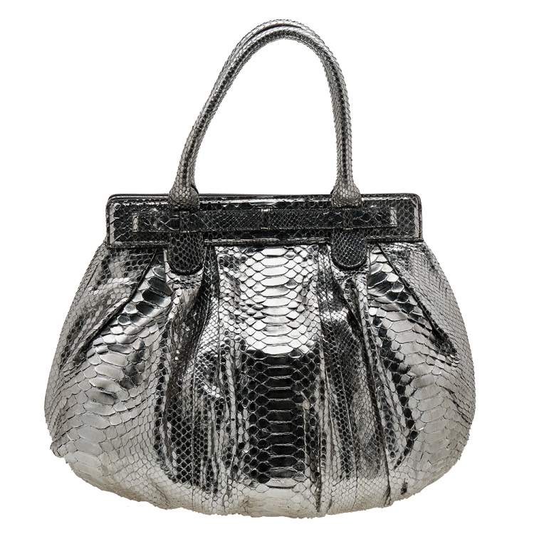 Pre Owned Zagliani Metallic Silver Python Puffy Hobo