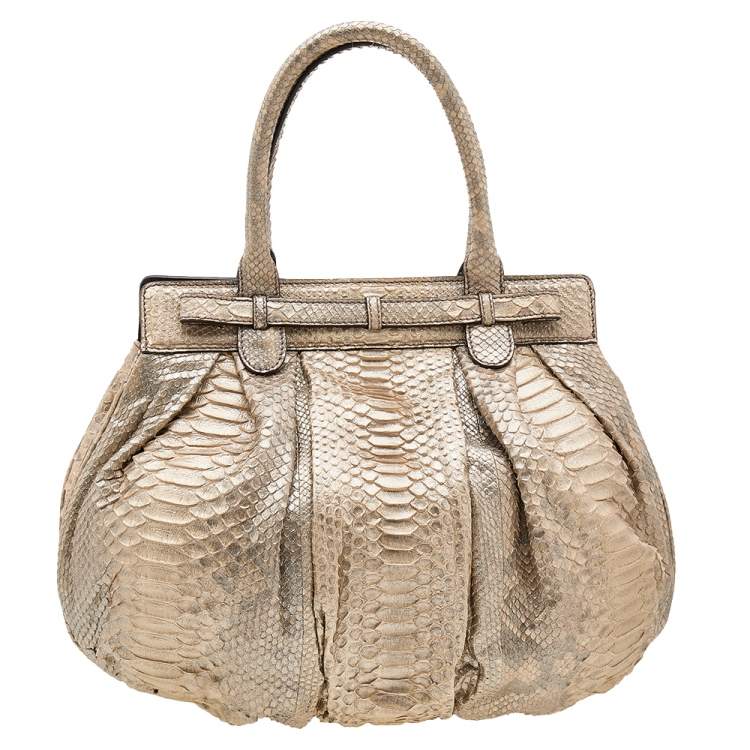 Pre Owned Zagliani Metallic Gold Python Puffy Hobo