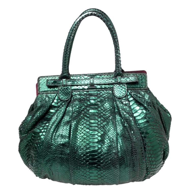 Pre Owned Zagliani Metallic Green Python Puffy Hobo
