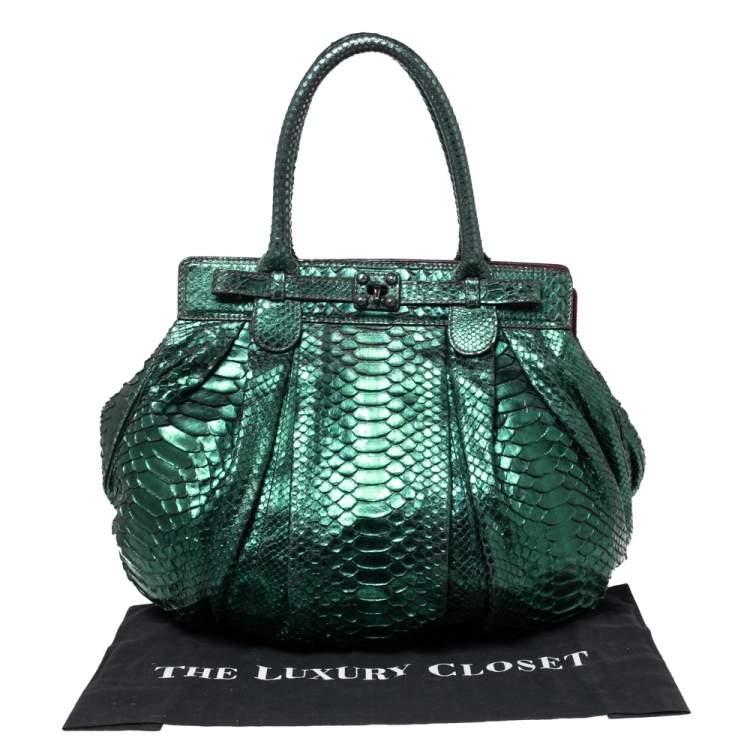 Pre Owned Zagliani Metallic Green Python Puffy Hobo