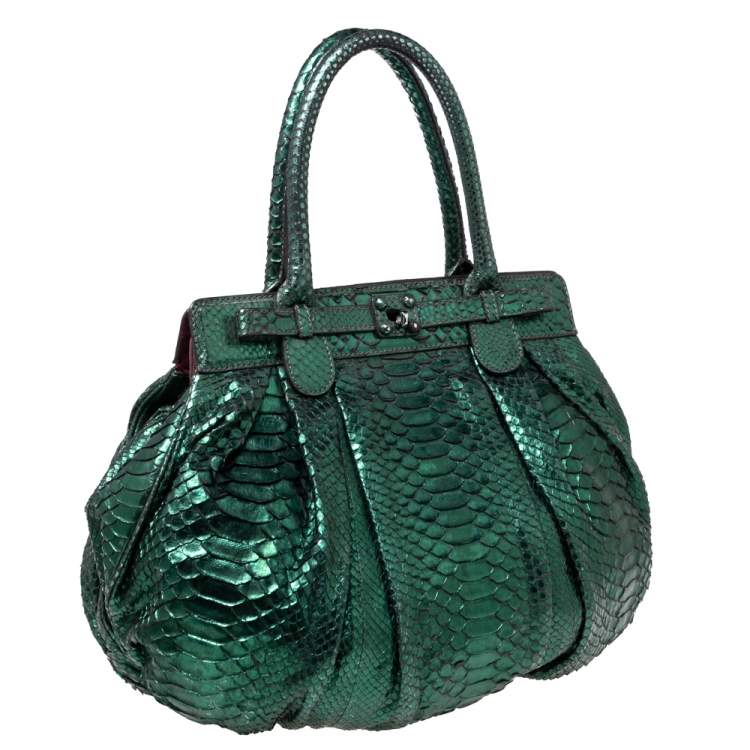 Pre Owned Zagliani Metallic Green Python Puffy Hobo