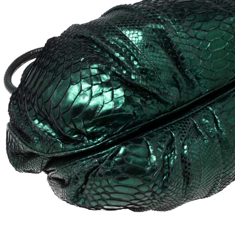 Pre Owned Zagliani Metallic Green Python Puffy Hobo