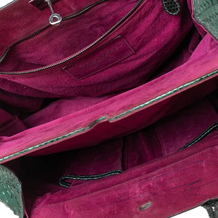 Pre Owned Zagliani Metallic Green Python Puffy Hobo