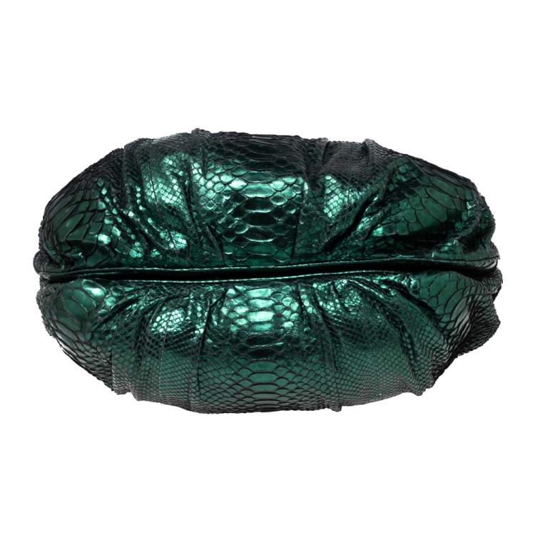 Pre Owned Zagliani Metallic Green Python Puffy Hobo