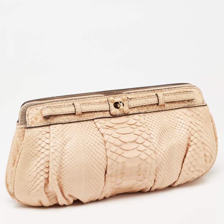 Pre Owned Zagliani Beige Python Turn Lock Clutch 