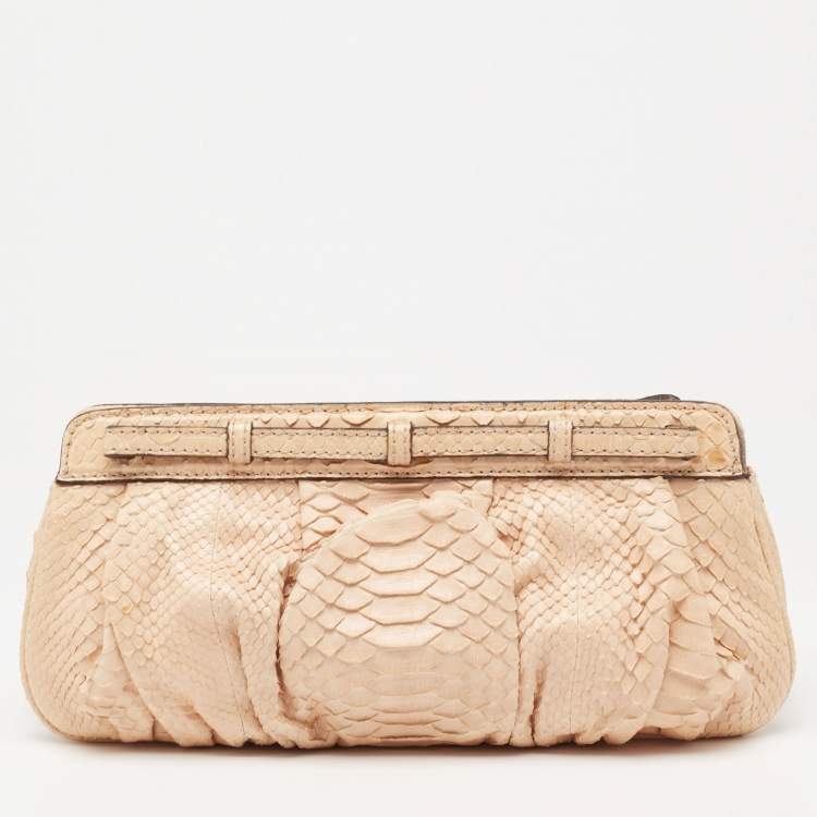 Pre Owned Zagliani Beige Python Turn Lock Clutch 