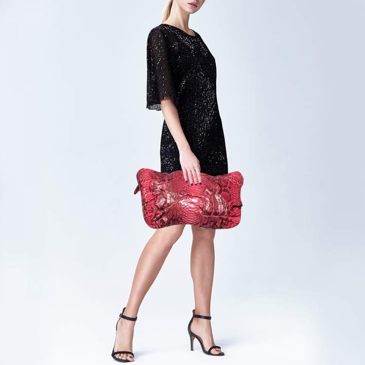 Pre Owned Zagliani Pink/Black Python Leather Oversized Clutch