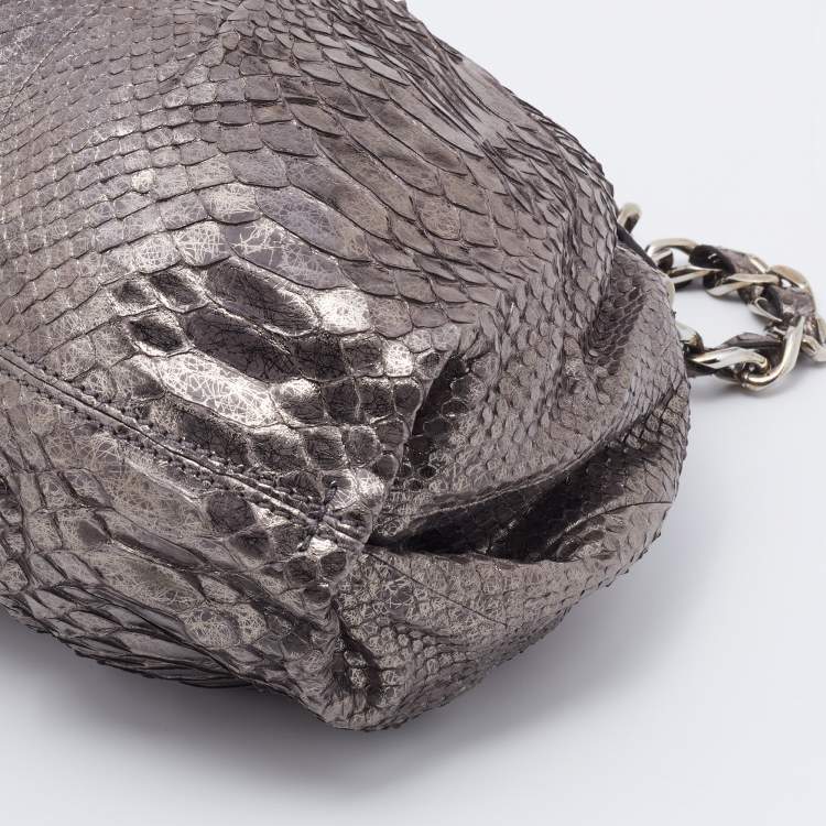 Pre Owned Zagliani Metallic Gunmetal Python Envelope Shoulder Bag