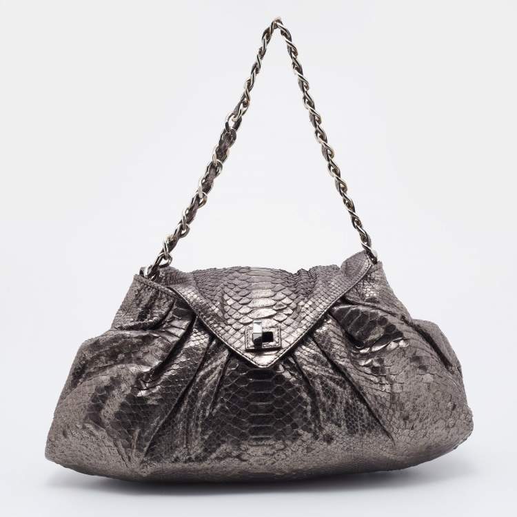 Pre Owned Zagliani Metallic Gunmetal Python Envelope Shoulder Bag