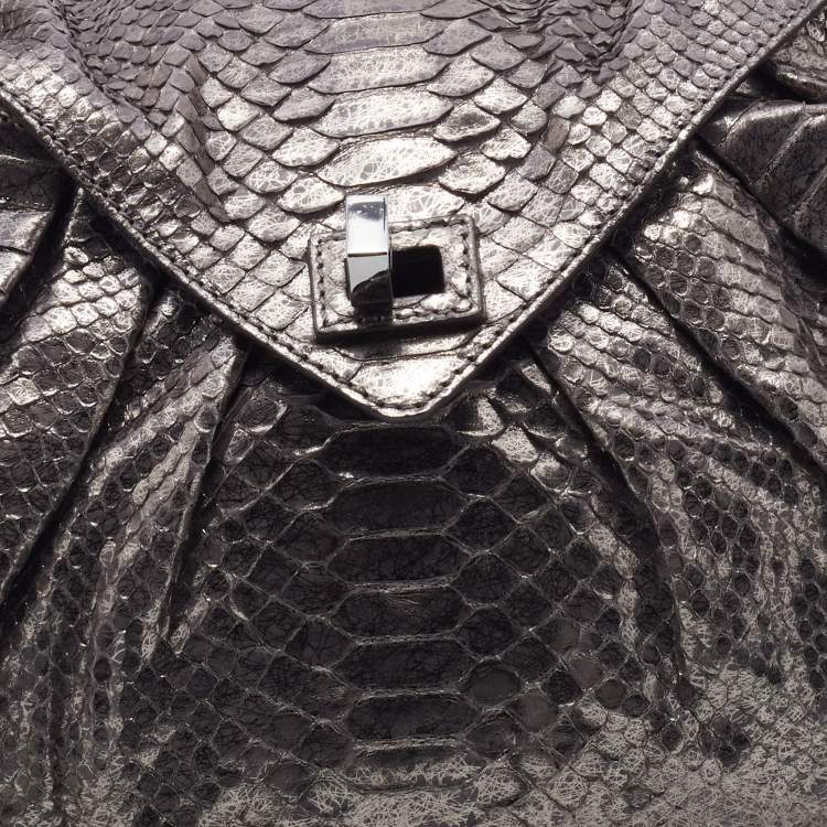 Pre Owned Zagliani Metallic Gunmetal Python Envelope Shoulder Bag