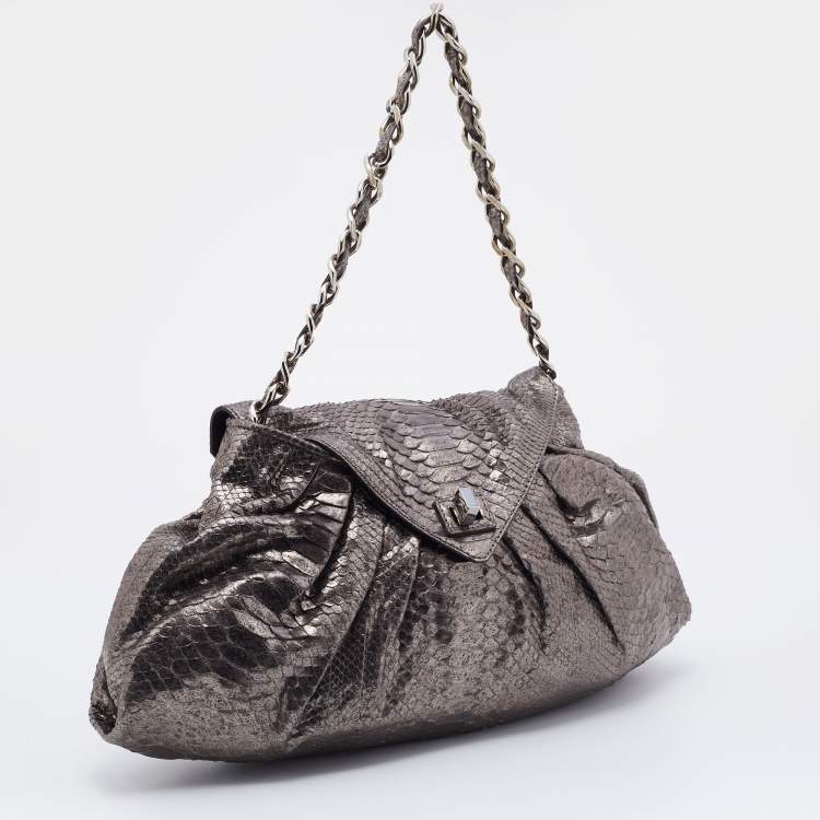 Pre Owned Zagliani Metallic Gunmetal Python Envelope Shoulder Bag