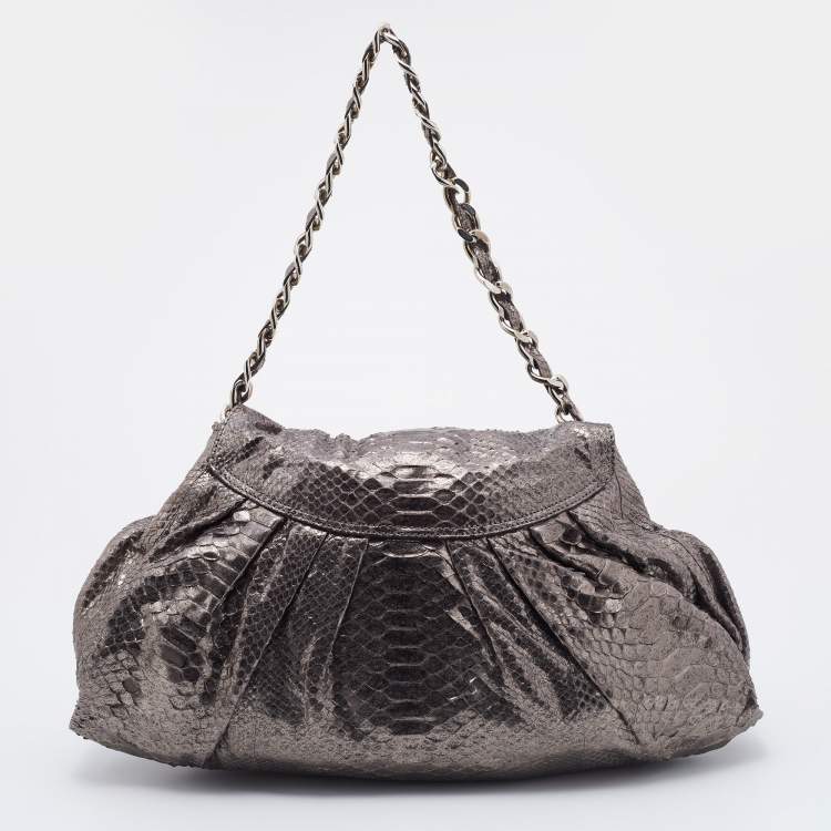 Pre Owned Zagliani Metallic Gunmetal Python Envelope Shoulder Bag