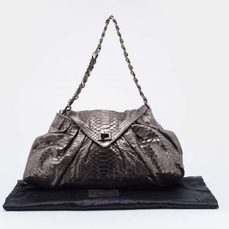 Pre Owned Zagliani Metallic Gunmetal Python Envelope Shoulder Bag