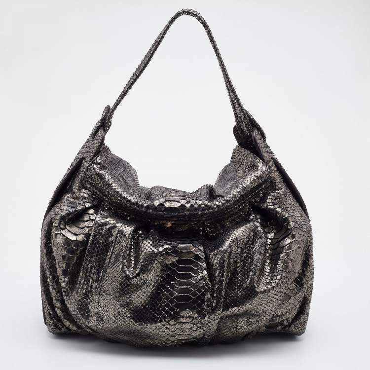 Pre Owned Zagliani Silver Python Flap Hobo