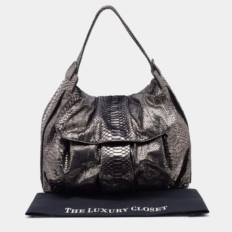 Pre Owned Zagliani Silver Python Flap Hobo