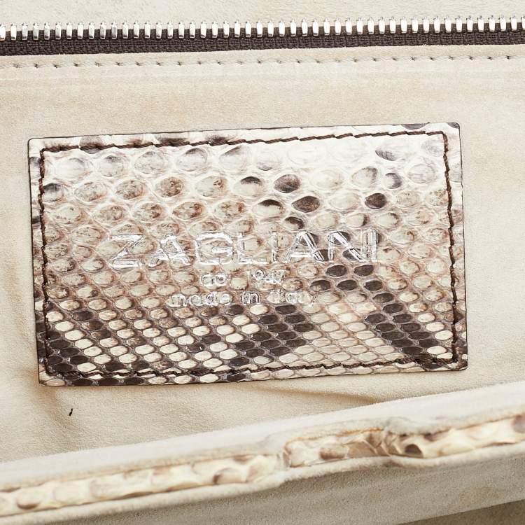 Pre Owned Zagliani Cream/Brown Python Leather Puffy Satchel