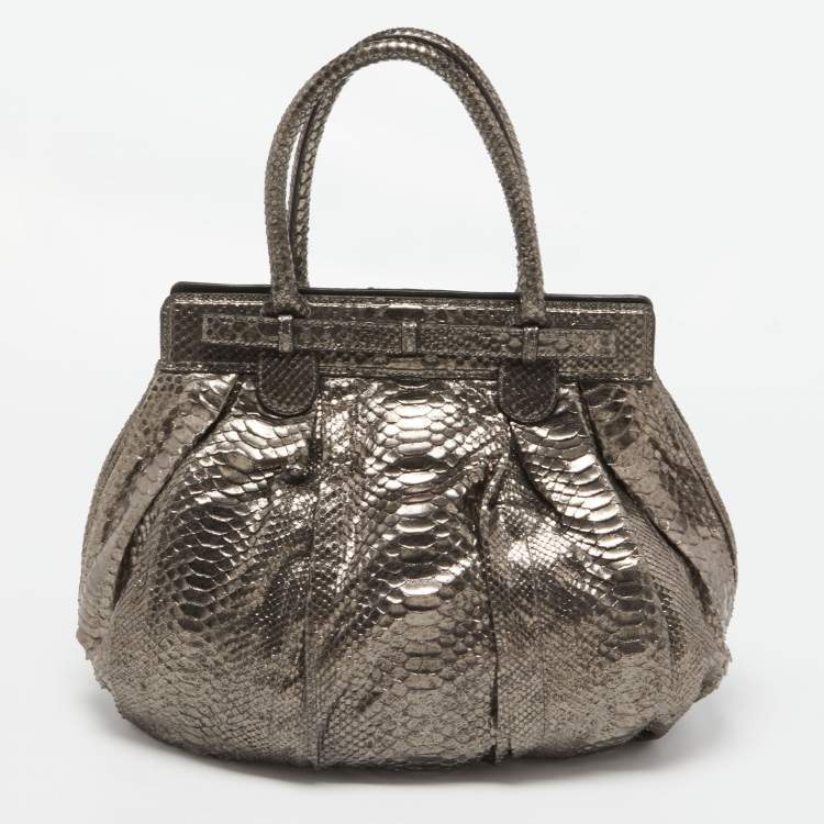 Pre Owned Zagliani Metallic Silver Python Puffy Hobo