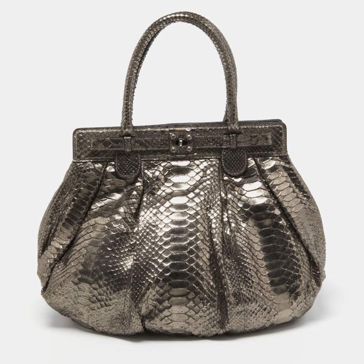 Pre Owned Zagliani Metallic Silver Python Puffy Hobo