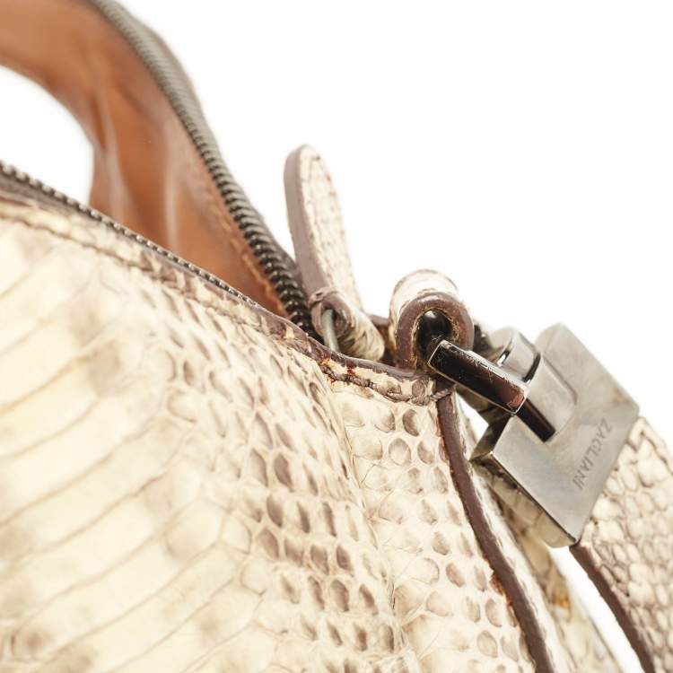 Pre Owned Zagliani Cream/Black Watersnake Leather Cut Out Handle Hobo