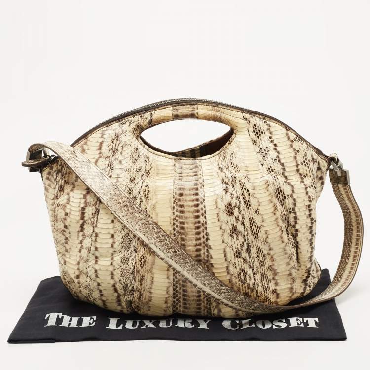 Pre Owned Zagliani Cream/Black Watersnake Leather Cut Out Handle Hobo