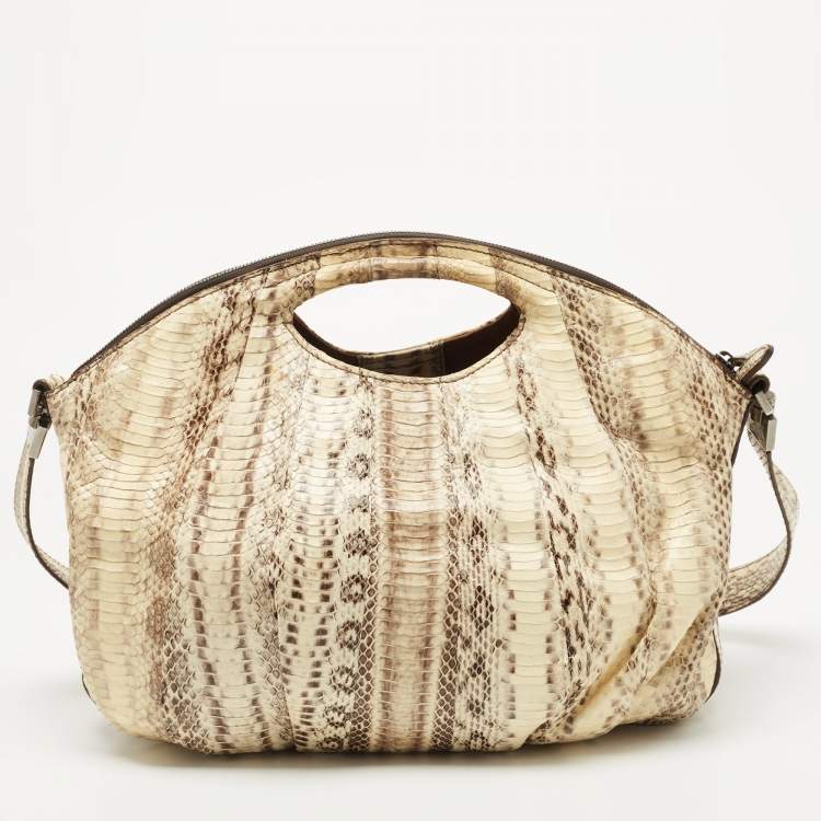 Pre Owned Zagliani Cream/Black Watersnake Leather Cut Out Handle Hobo
