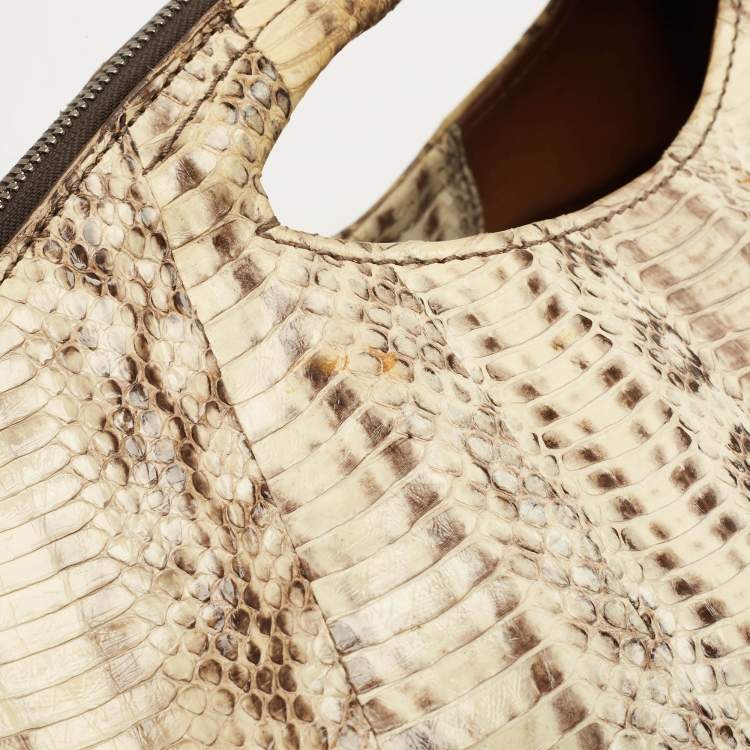 Pre Owned Zagliani Cream/Black Watersnake Leather Cut Out Handle Hobo