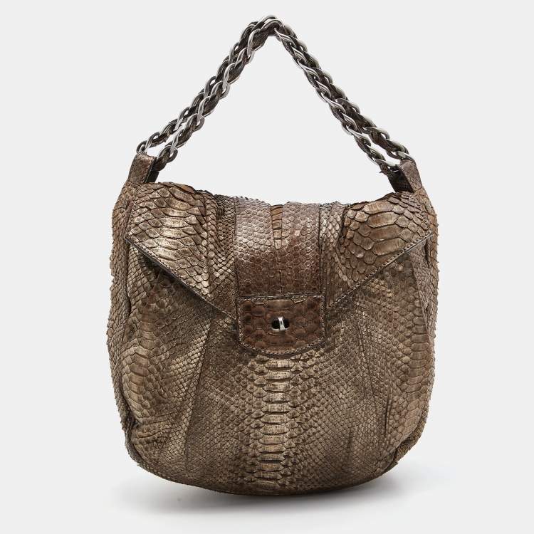 Pre Owned Zagliani Metallic Beige Python JJ Hobo