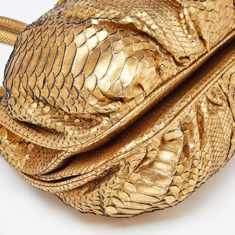 Pre Owned Zagliani Gold Python Puffy Hobo