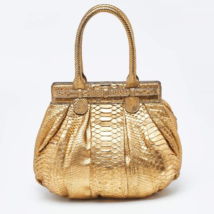 Pre Owned Zagliani Gold Python Puffy Hobo