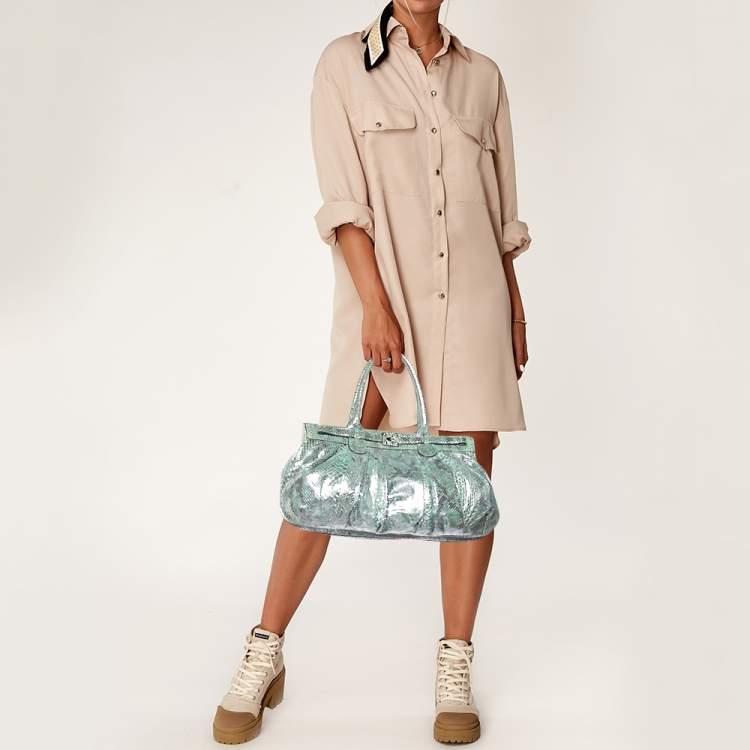 Pre Owned Zagliani Green/Silver Python Puffy Hobo