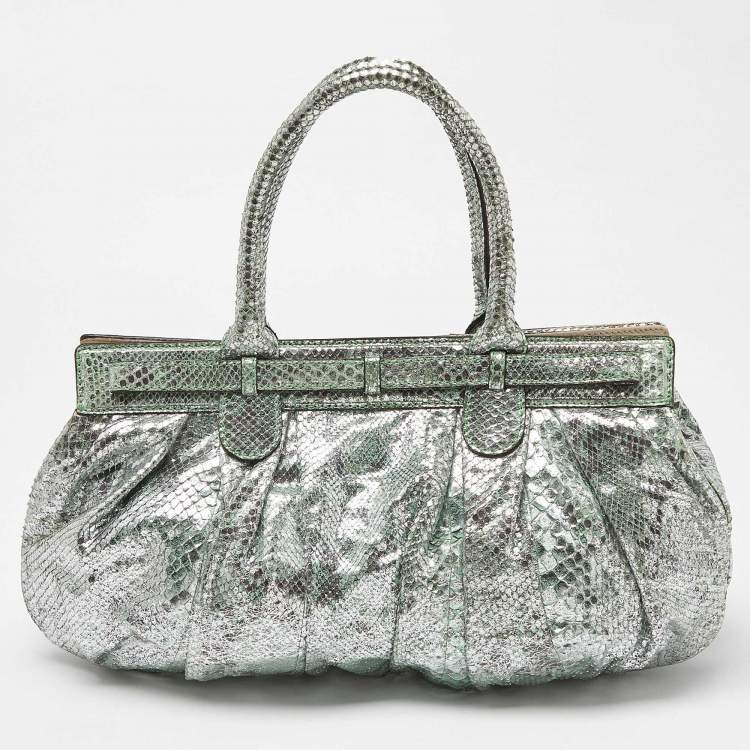 Pre Owned Zagliani Green/Silver Python Puffy Hobo