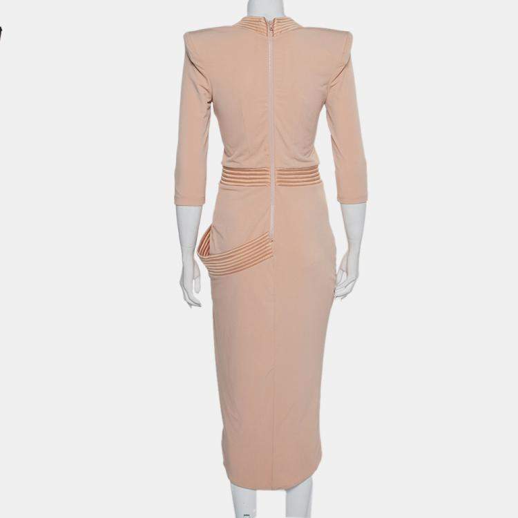 Pre Owned Zhivago Beige Knit Draped Faux Wrap Eye Of Horus Midi Dress M
