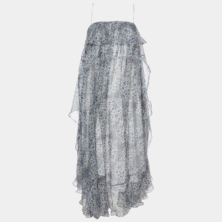 مملوكة مسبقًا Zimmermann Blue Printed Lurex Silk Empire Mist Dress M