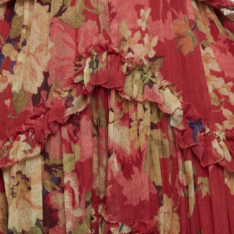 Pre Owned Zimmermann Red Floral Print Crepe Lace-Up Mini Dress S