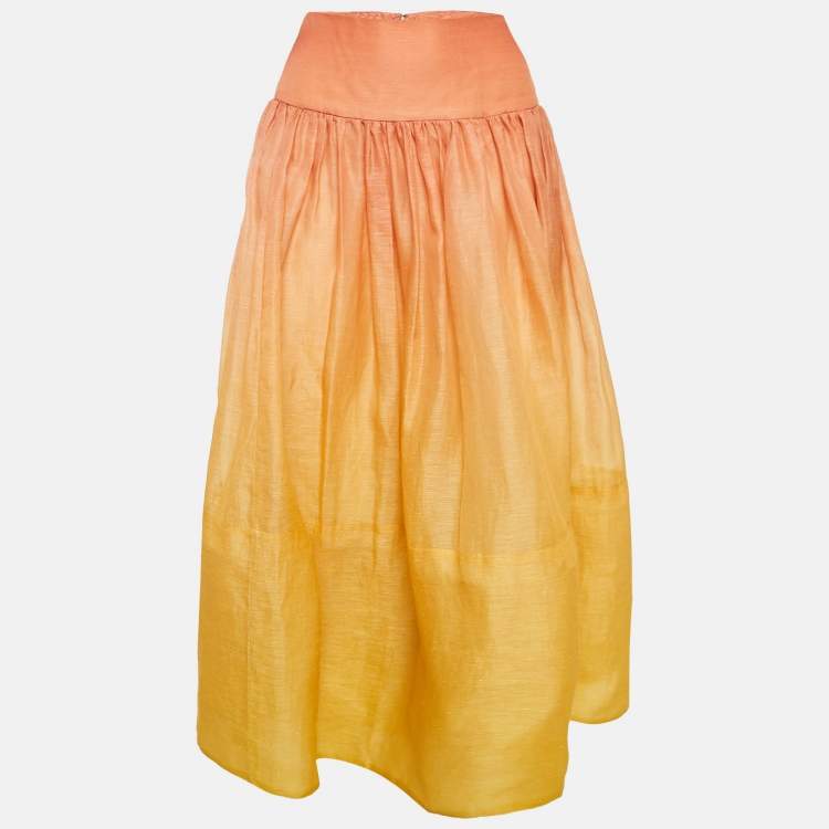 Pre Owned Zimmermann Ombre Sunshine Orange Silk and Linen Postcard Maxi Skirt L