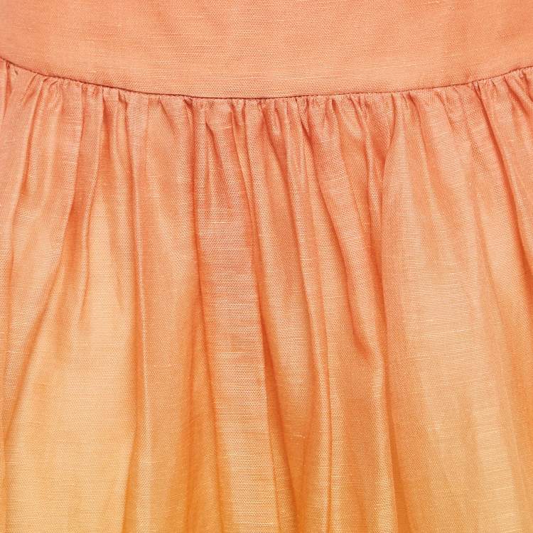 Pre Owned Zimmermann Ombre Sunshine Orange Silk and Linen Postcard Maxi Skirt L