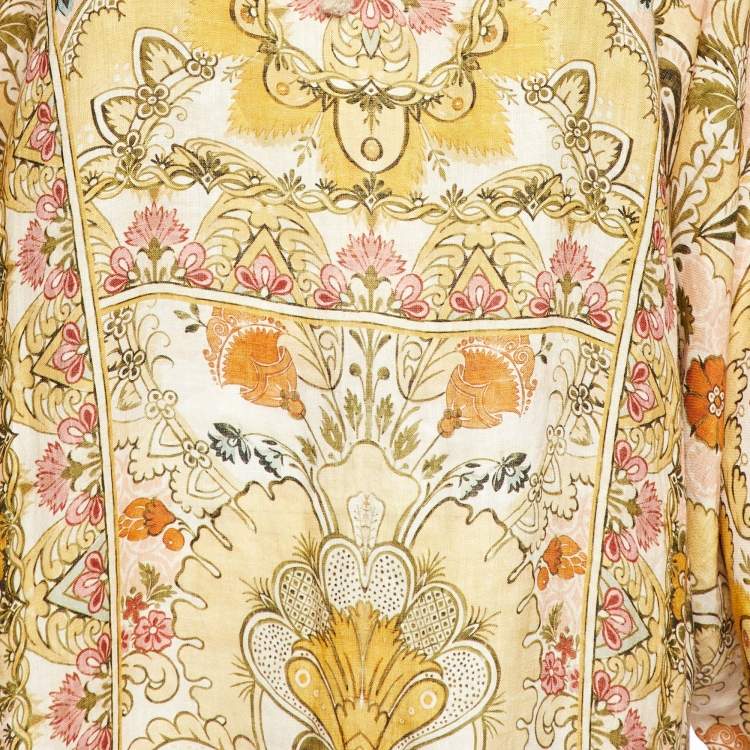 Pre Owned Zimmermann Yellow Floral Print Linen Laurel Kaftan Dress L