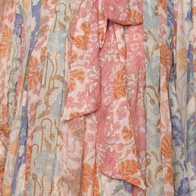 Pre Owned Zimmermann Multicolor Floral Print Chiffon Tie Neck Midi Dress S