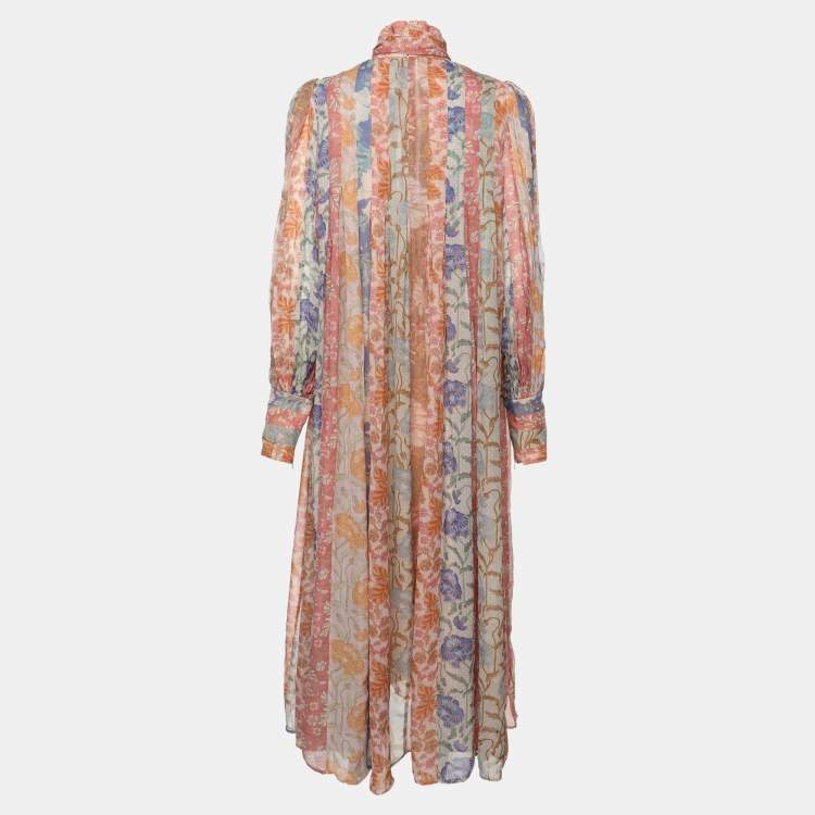 Pre Owned Zimmermann Multicolor Floral Print Chiffon Tie Neck Midi Dress S