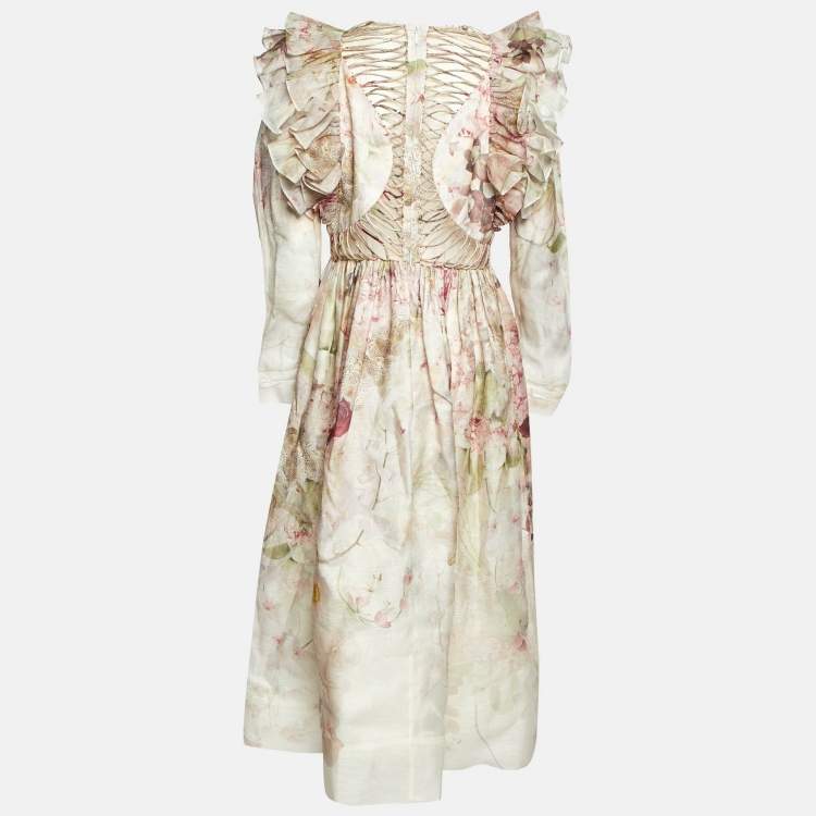 Pre Owned Zimmermann Pink Floral Print Linen & Silk Organza Dancer Midi Dress L