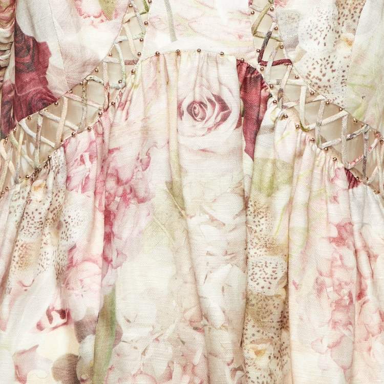 Pre Owned Zimmermann Pink Floral Print Linen & Silk Organza Dancer Midi Dress L