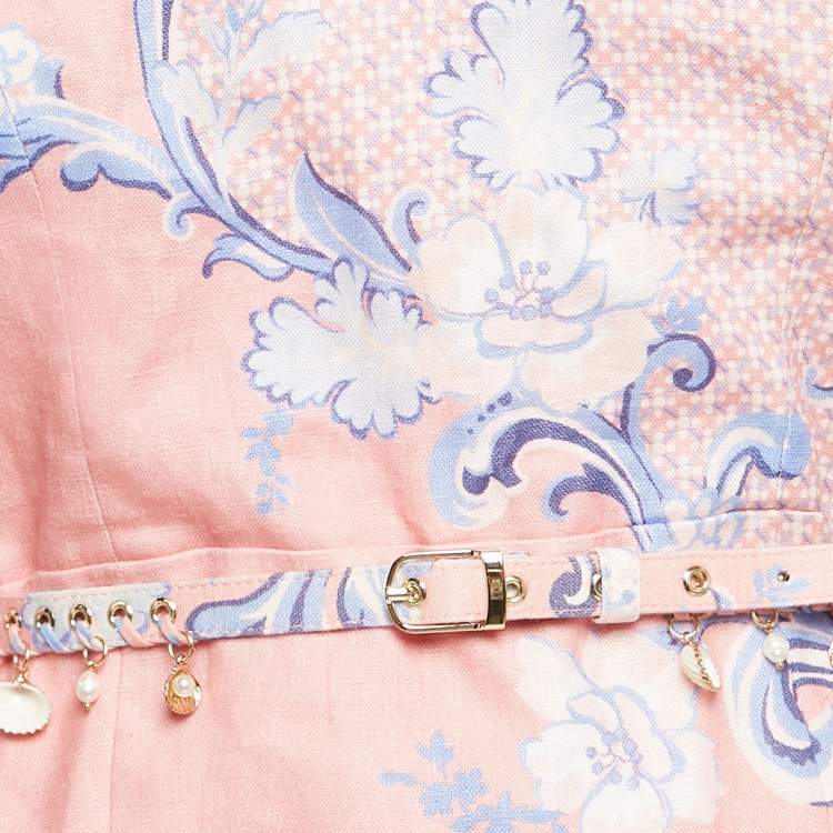 مملوكة مسبقًا Zimmermann Pink Swirl Floral Print Linen Shell Detail Postcard Mini Dress L