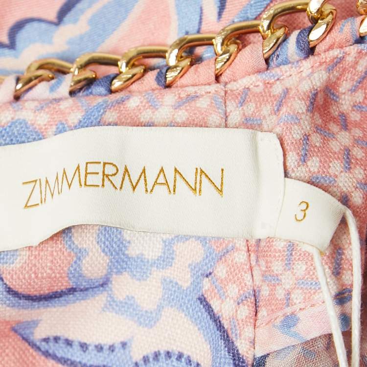 مملوكة مسبقًا Zimmermann Pink Swirl Floral Print Linen Shell Detail Postcard Mini Dress L