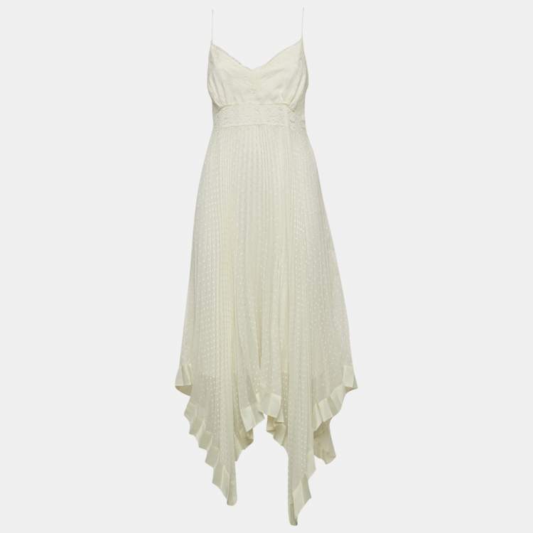 Pre Owned Zimmermann Ivory White Lace-Trim Chiffon Pleated Espionage Midi Dress L