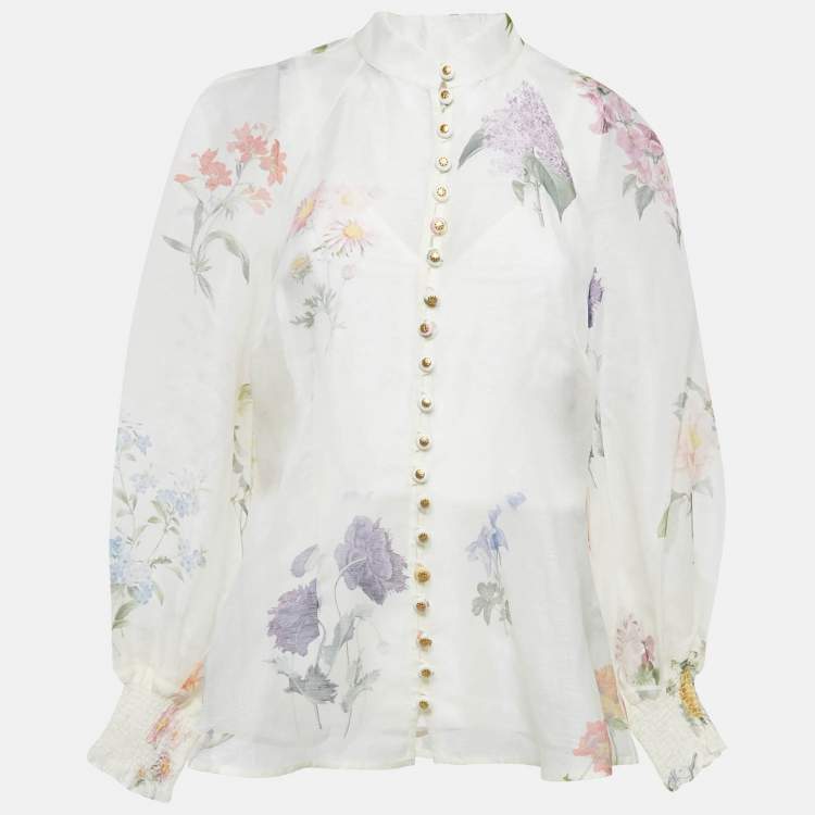 Pre Owned Zimmermann White Floral Print Linen Blend Natura Blouse M
