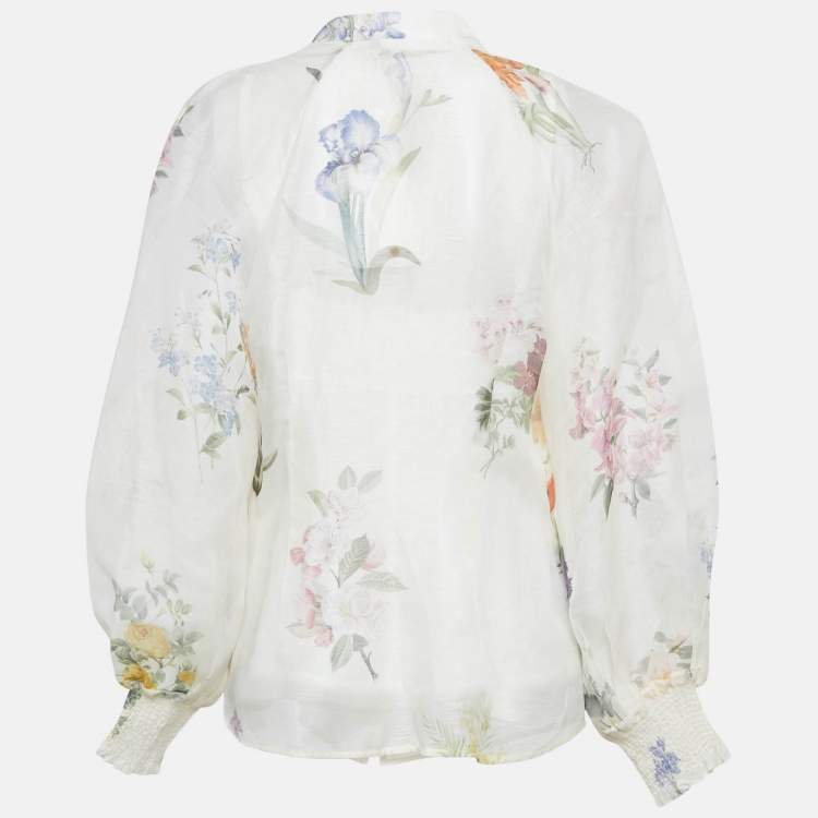 Pre Owned Zimmermann White Floral Print Linen Blend Natura Blouse M
