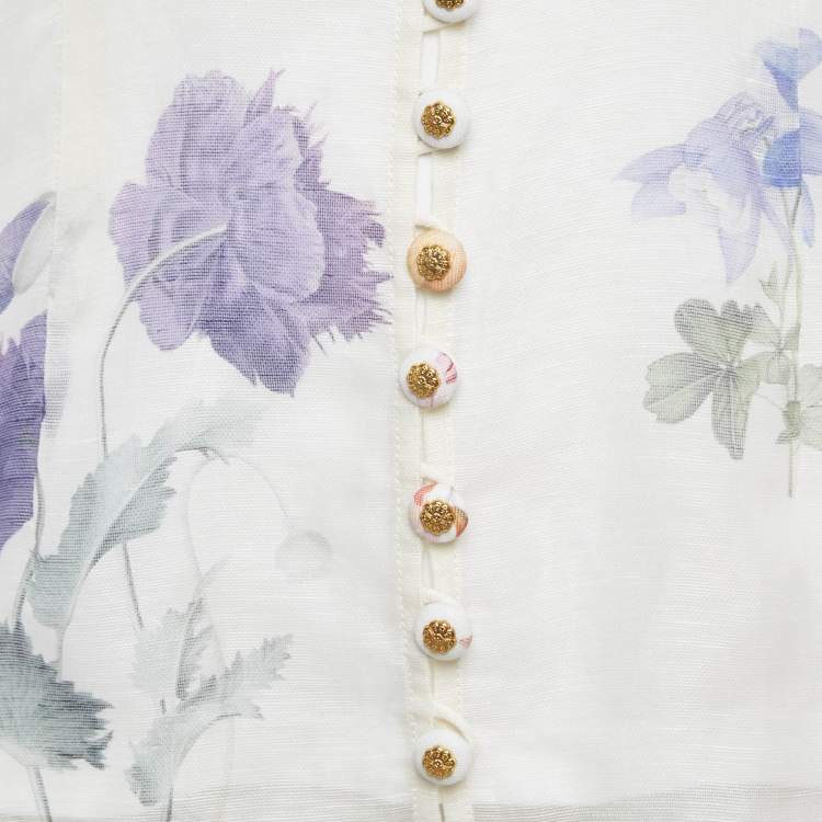 Pre Owned Zimmermann White Floral Print Linen Blend Natura Blouse M