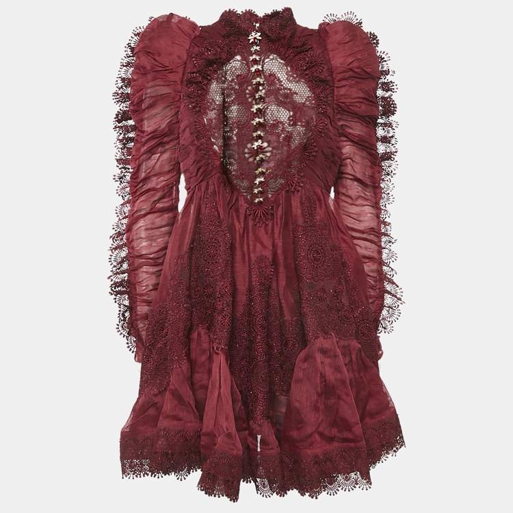 Pre Owned Zimmermann Burgundy Linen and Silk Lace Trimmed Mini Dress M